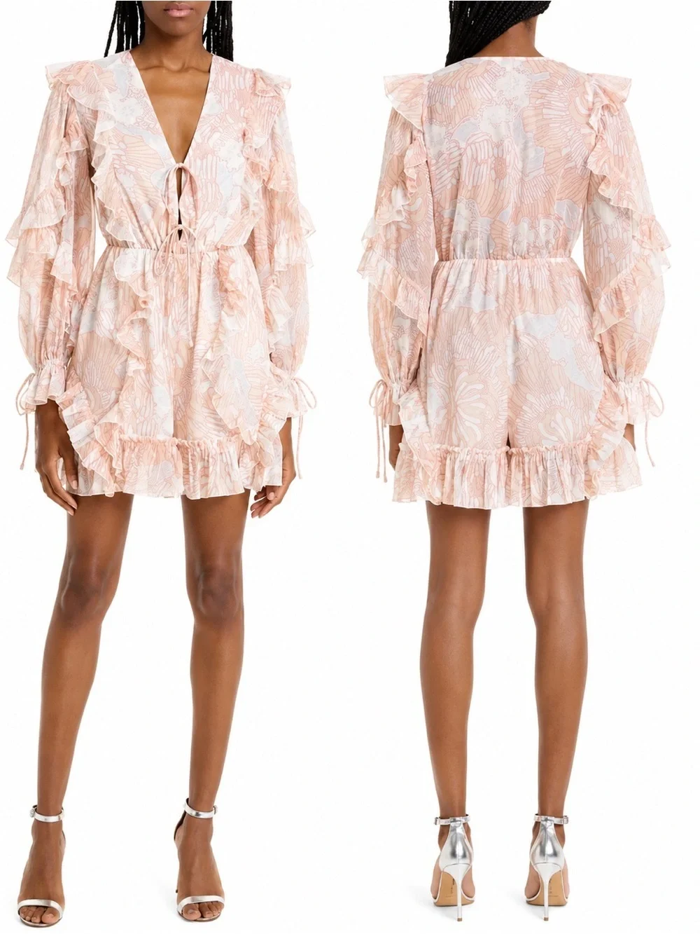 Ted Baker Womens Size 0 Pink Ruffle Mini Dress Sheer Long Sleeve Floral Romper